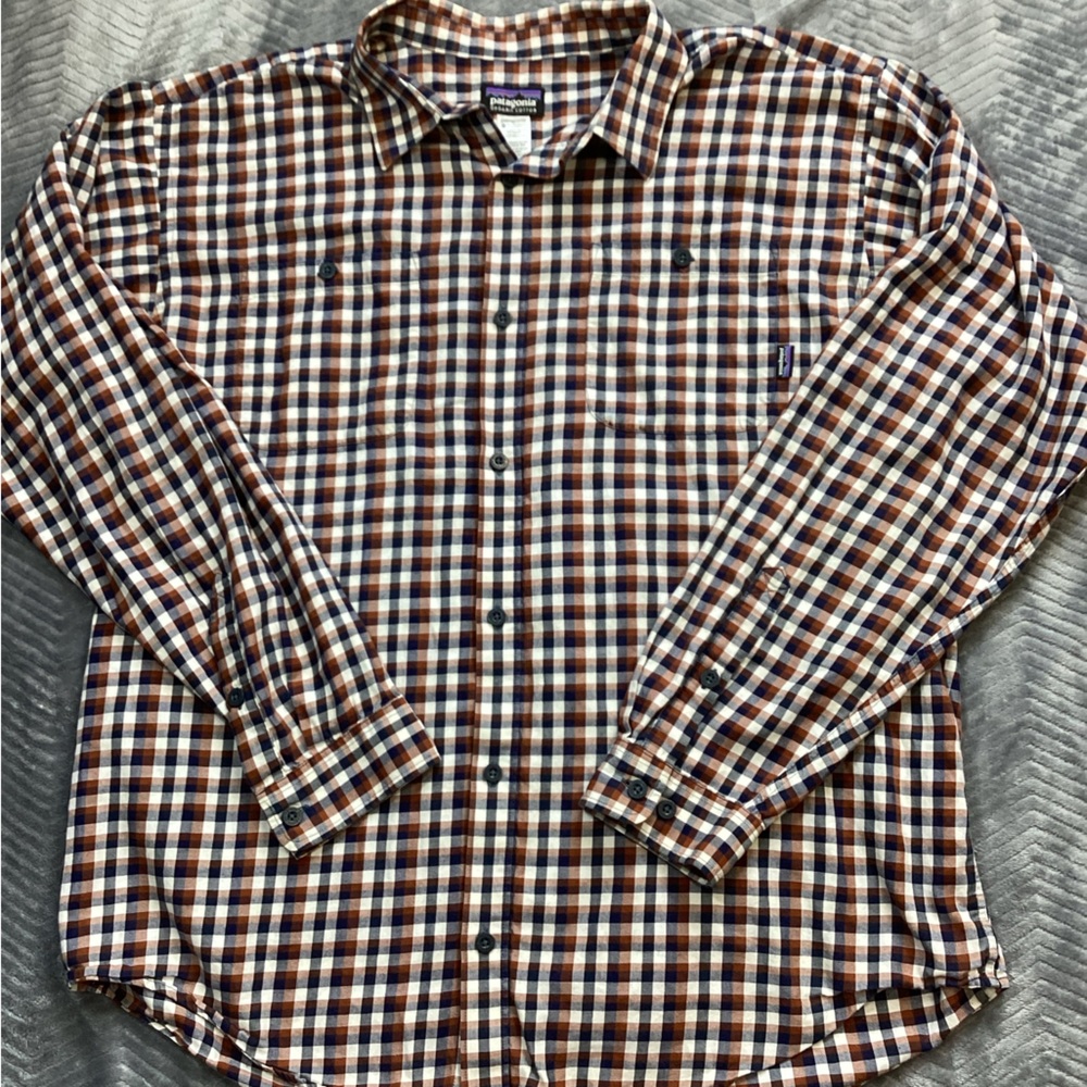 Mens Patagonia 100% Organic‎ Pima Cotton Yarn Dyed Twill Plaid Shirt XL.